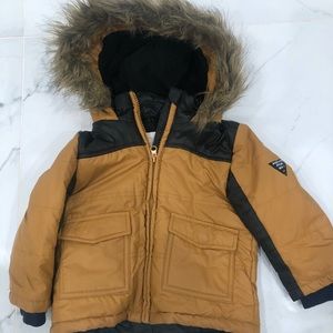 Mustard yellow winter coat with fuzzy hood